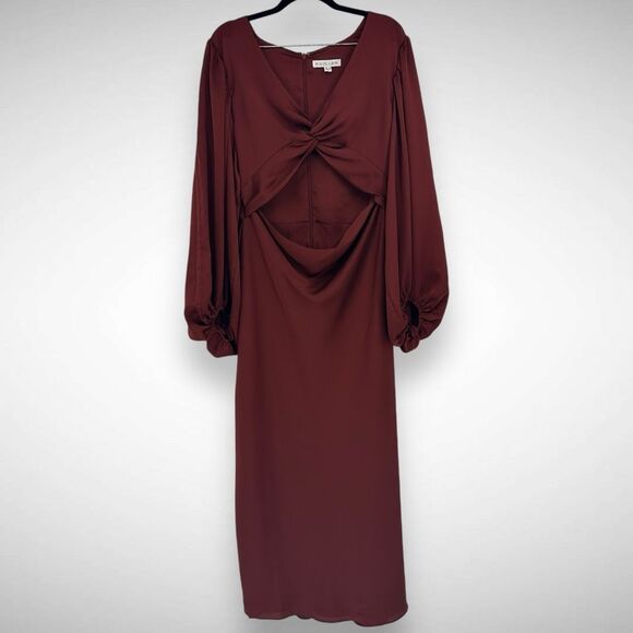 Shona Joy Luxe Twist Ballon Sleeve Cut Out Midi Dress Size US 10 AU 14 Sangria - Picture 2 of 10